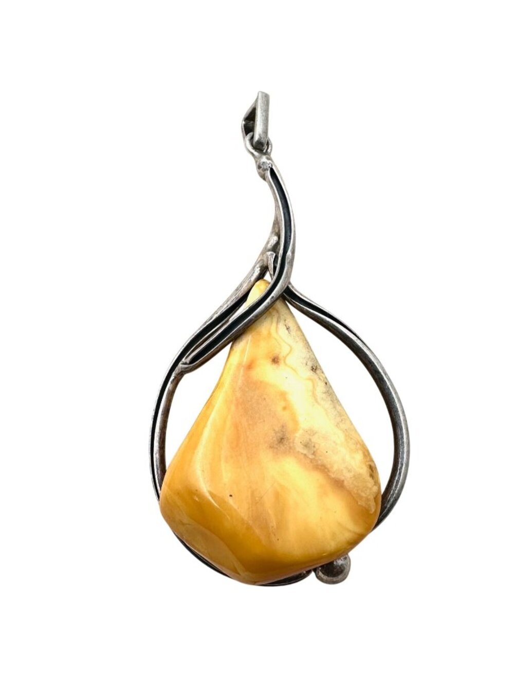 Vintage Mid Century Huge Natural Amber Sterling Silver Pendant 3.5 Inch